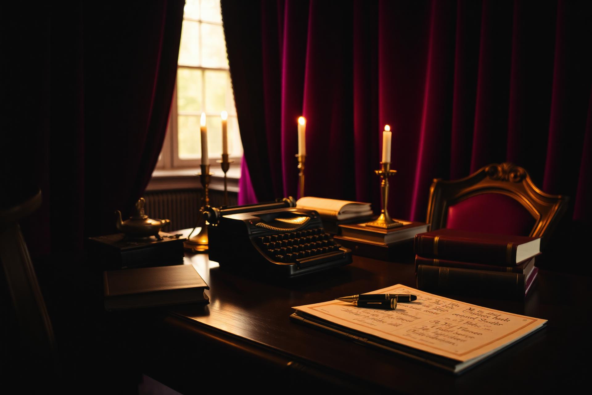 A writer's desk lit by candlelight